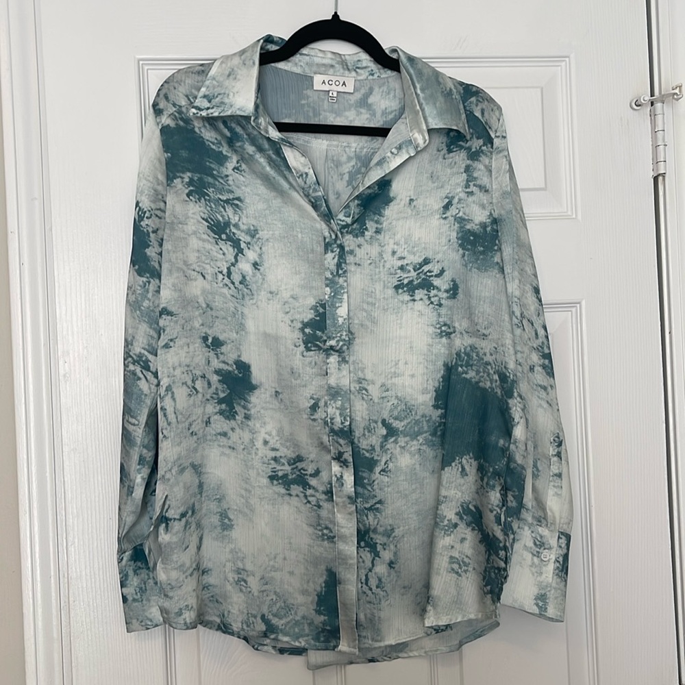 Blue satin button up long sleeve